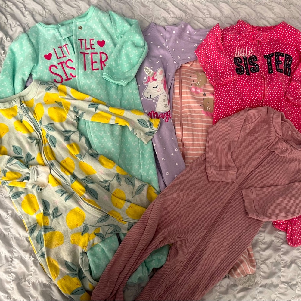 Bundle of 6 Baby Girl Footed Onesies, Sizes 6-9 Months